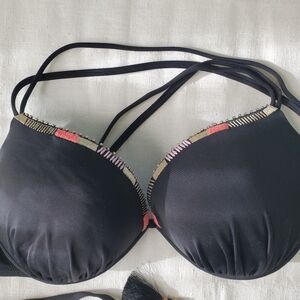Victoria's Secret Black Push-up Bikini Bra Embroidery/Bead Trim 36D NWOT
